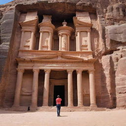 A person standing in front of the iconic Al Khazneh ('The Treasury'), the most elaborate temple in the ancient city of Petra, Jordan. The sun is gently casting its rays onto the pink sandstone cliffs.