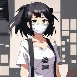 Create an image of the coolest and hottest anime girl with black hair, wearing a mask and a very short shirt