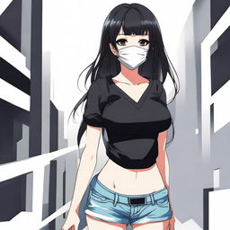 Create an image of the coolest and hottest anime girl with black hair, wearing a mask and a very short shirt