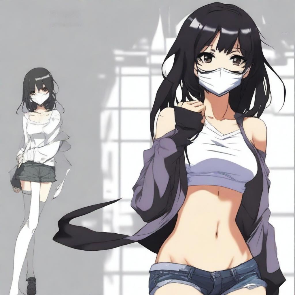 Create an image of the coolest and hottest anime girl with black hair, wearing a mask and a very short shirt