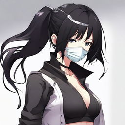 Create an image of the coolest and hottest anime girl with black hair, wearing a mask and a very short shirt