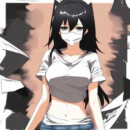 Create an image of the coolest and hottest anime girl with black hair, wearing a mask and a very short shirt