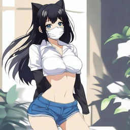 Create an image of the coolest and hottest anime girl with black hair, wearing a mask and a very short shirt