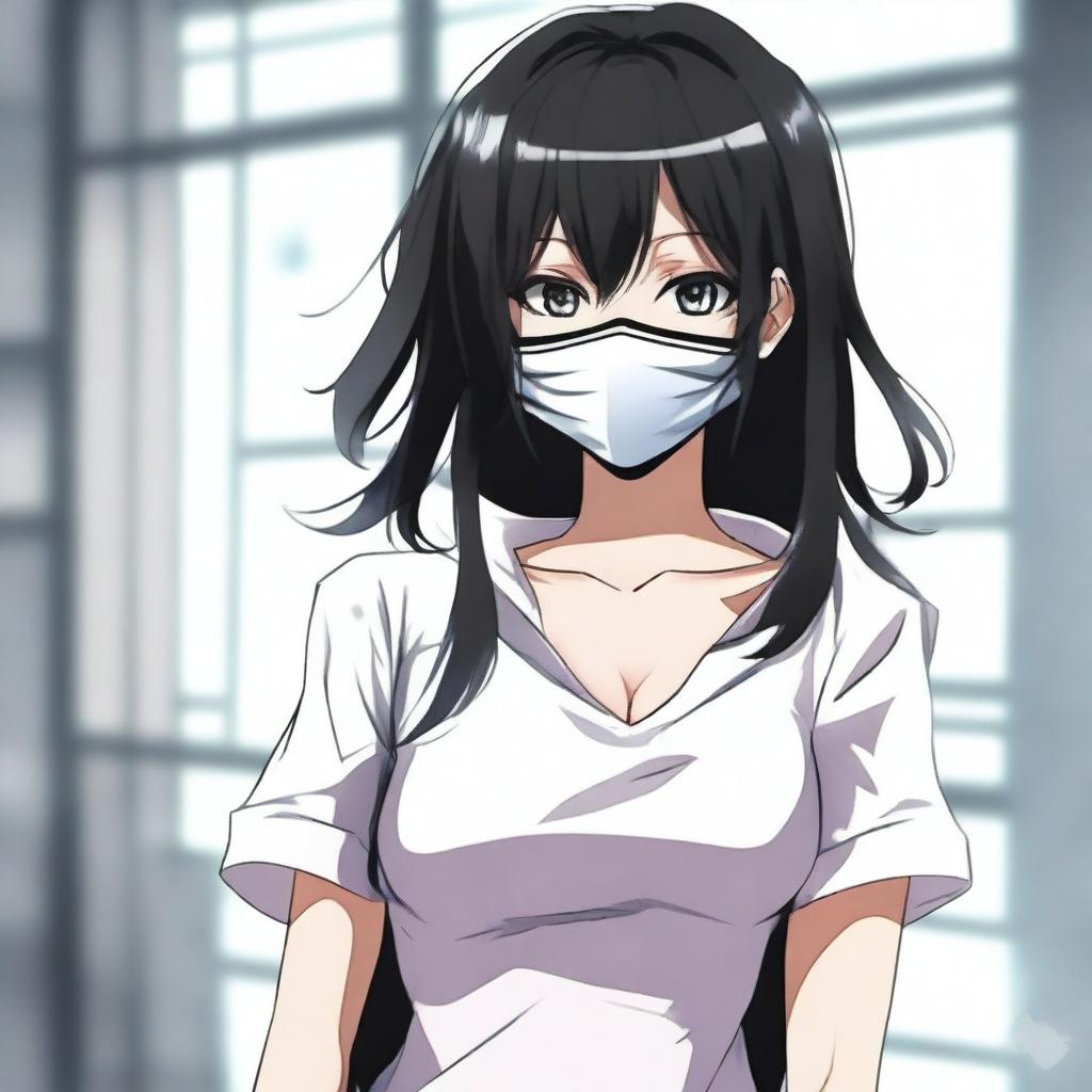 Create an image of the coolest and hottest anime girl with black hair, wearing a mask and a very short shirt