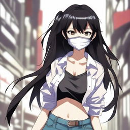 Create an image of the coolest and hottest anime girl with black hair, wearing a mask and a very short shirt