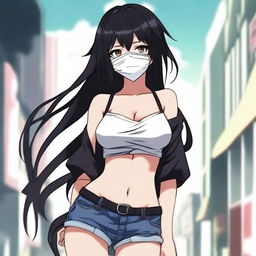 Create an image of the coolest and hottest anime girl with black hair, wearing a mask and a very short shirt