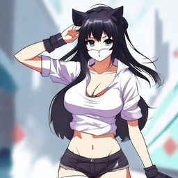 Create an image of the coolest and hottest anime girl with black hair, wearing a mask and a very short shirt