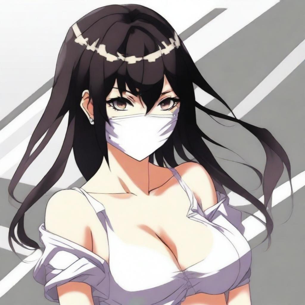 Create an image of the coolest and hottest anime girl with black hair, wearing a mask and a very short shirt