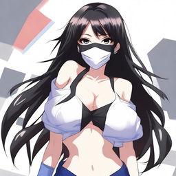 Create an image of the coolest and hottest anime girl with black hair, wearing a mask and a very short shirt