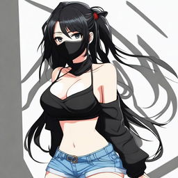 Create an image of the coolest and hottest anime girl with black hair, wearing a mask and a very short shirt