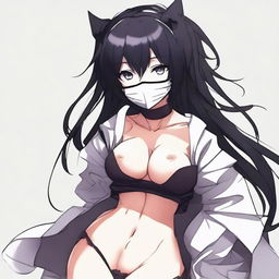 Create an image of the coolest and hottest anime girl with black hair, wearing a mask and a very short shirt