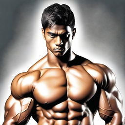 A detailed artwork of a muscular young man with a six-pack, showing sweat glistening on his body