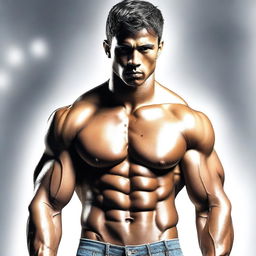 A detailed artwork of a muscular young man with a six-pack, showing sweat glistening on his body