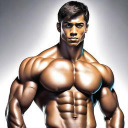 A detailed artwork of a muscular young man with a six-pack, showing sweat glistening on his body