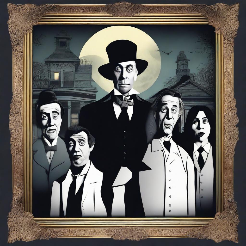 Create a poster for a TV series featuring a haunted mansion with an eerie noir foreground on the side and a full moon