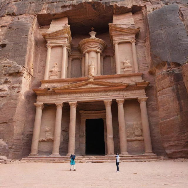 A person standing in front of the iconic Al Khazneh ('The Treasury'), the most elaborate temple in the ancient city of Petra, Jordan. The sun is gently casting its rays onto the pink sandstone cliffs.