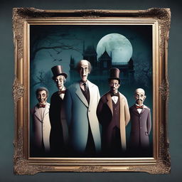 Create a poster for a TV series featuring a haunted mansion with an eerie noir foreground on the side and a full moon