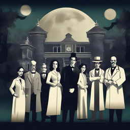 Create a poster for a TV series featuring a haunted mansion with an eerie noir foreground on the side and a full moon