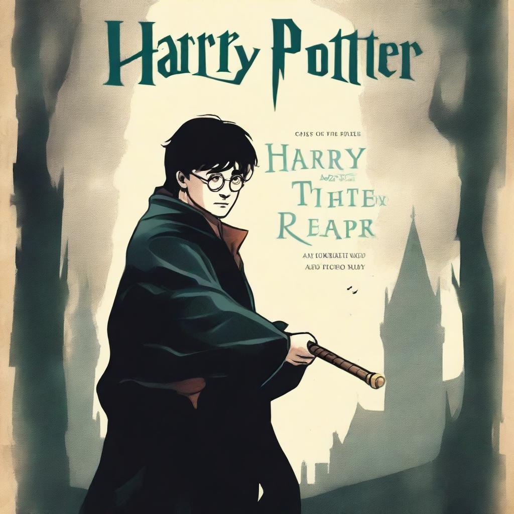 A captivating book cover for 'Harry Potter and the Rise of the Reaper' featuring a man holding a wand in one hand and a katana in the other