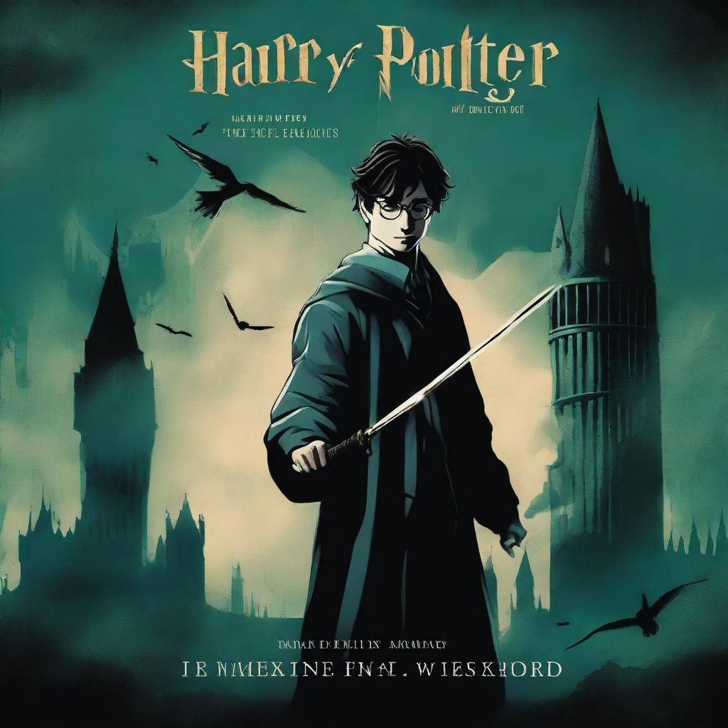 A captivating book cover for 'Harry Potter and the Rise of the Reaper' featuring a man holding a wand in one hand and a katana in the other