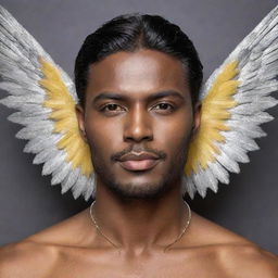 A handsome man with a dark brown face, framed by silver wings in the background. He's adorned with yellow star accessories.