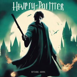 A captivating book cover for 'Harry Potter and the Rise of the Reaper' featuring a man holding a wand in one hand and a katana in the other