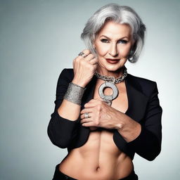 An older, confident, and dominant woman with a seductive and permissive demeanor, holding a pair of handcuffs