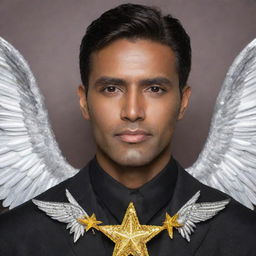 A handsome man with a dark brown face, framed by silver wings in the background. He's adorned with yellow star accessories.