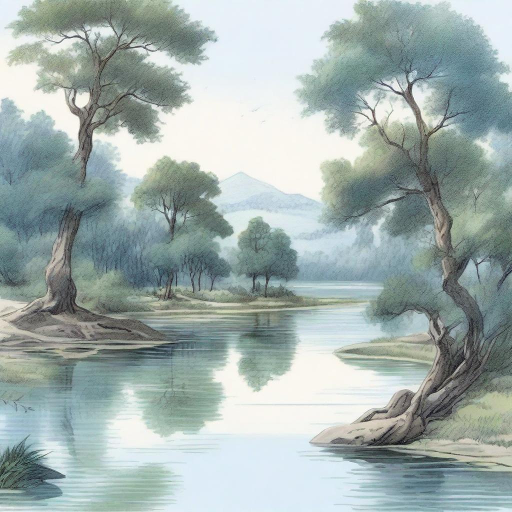 A detailed drawing featuring a serene landscape with a flowing river, lush trees, and a clear blue sky