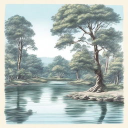 A detailed drawing featuring a serene landscape with a flowing river, lush trees, and a clear blue sky