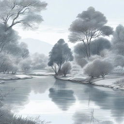 A detailed drawing featuring a serene landscape with a flowing river, lush trees, and a clear blue sky