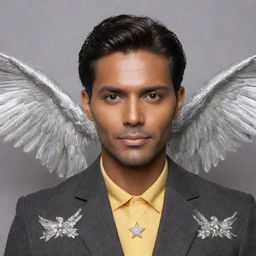 A handsome man with a dark brown face, framed by silver wings in the background. He's adorned with yellow star accessories.