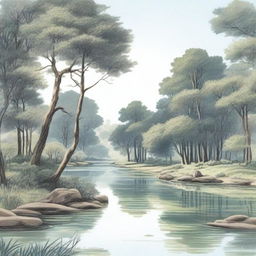 A detailed drawing featuring a serene landscape with a flowing river, lush trees, and a clear blue sky