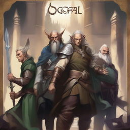 A detailed fantasy poster for 'OGGSAL' featuring a high-elf wizard, a human paladin, a tiefling warlock, a firbolg cleric, and a dwarfen warrior