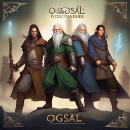 A detailed fantasy poster for 'OGGSAL' featuring a high-elf wizard, a human paladin, a tiefling warlock, a firbolg cleric, and a dwarfen warrior