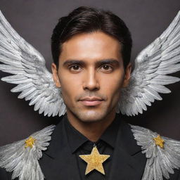 A handsome man with a dark brown face, framed by silver wings in the background. He's adorned with yellow star accessories.