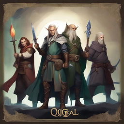 A detailed fantasy poster for 'OGGSAL' featuring a high-elf wizard, a human paladin, a tiefling warlock, a firbolg cleric, and a dwarfen warrior