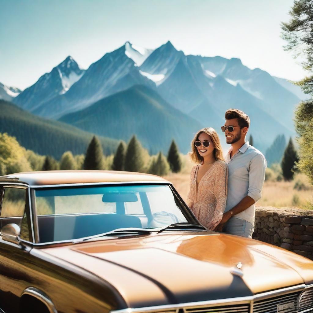 A couple standing next to a car, smiling and enjoying a sunny day