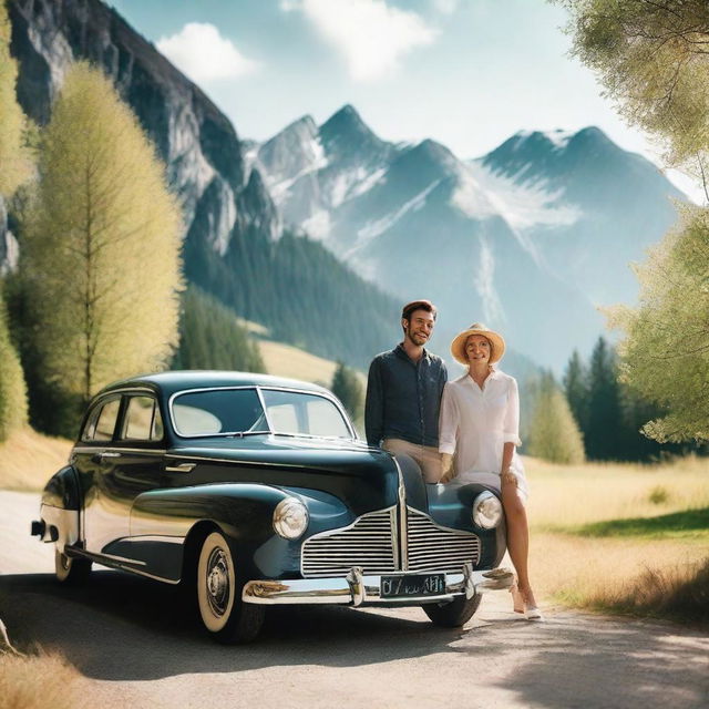 A couple standing next to a car, smiling and enjoying a sunny day