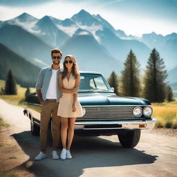 A couple standing next to a car, smiling and enjoying a sunny day