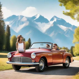 A couple standing next to a car, smiling and enjoying a sunny day