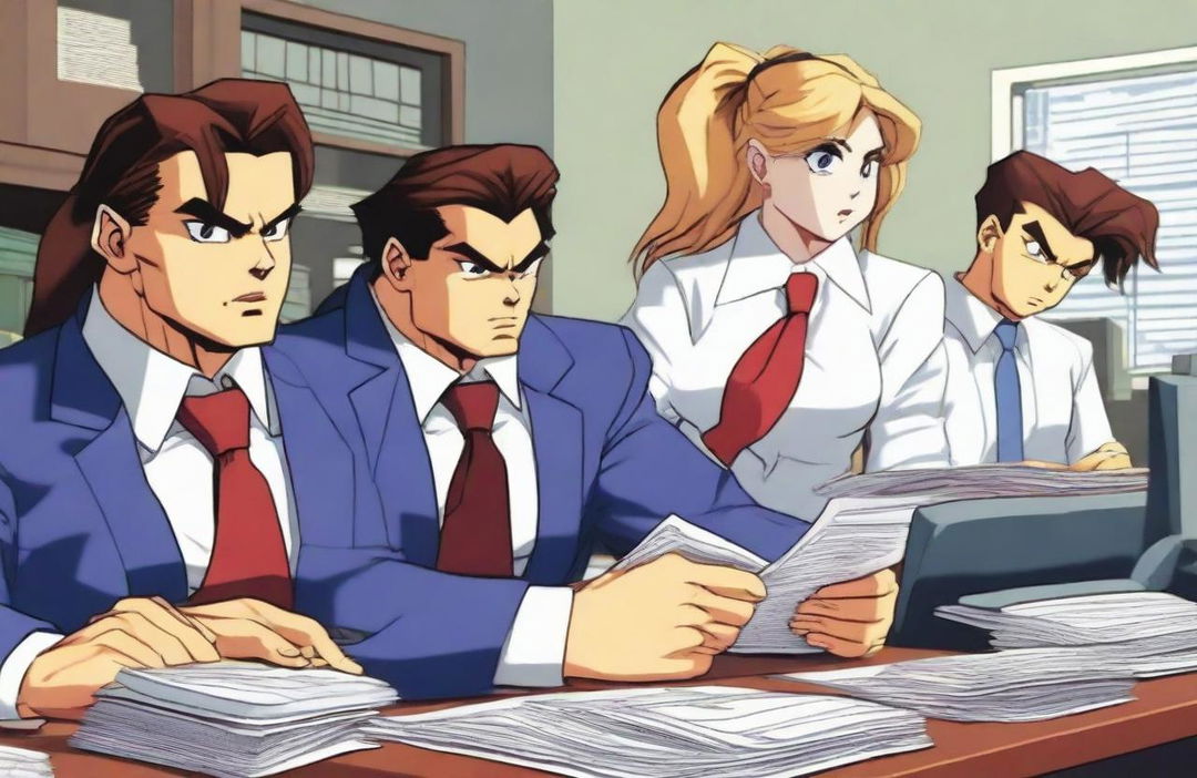 Street Fighter characters dressed as accountants, working in an office setting