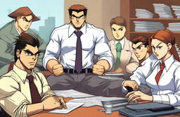 Street Fighter characters dressed as accountants, working in an office setting