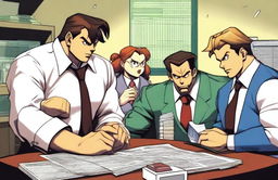 Street Fighter characters dressed as accountants, working in an office setting