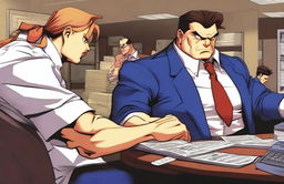 Street Fighter characters dressed as accountants, working in an office setting