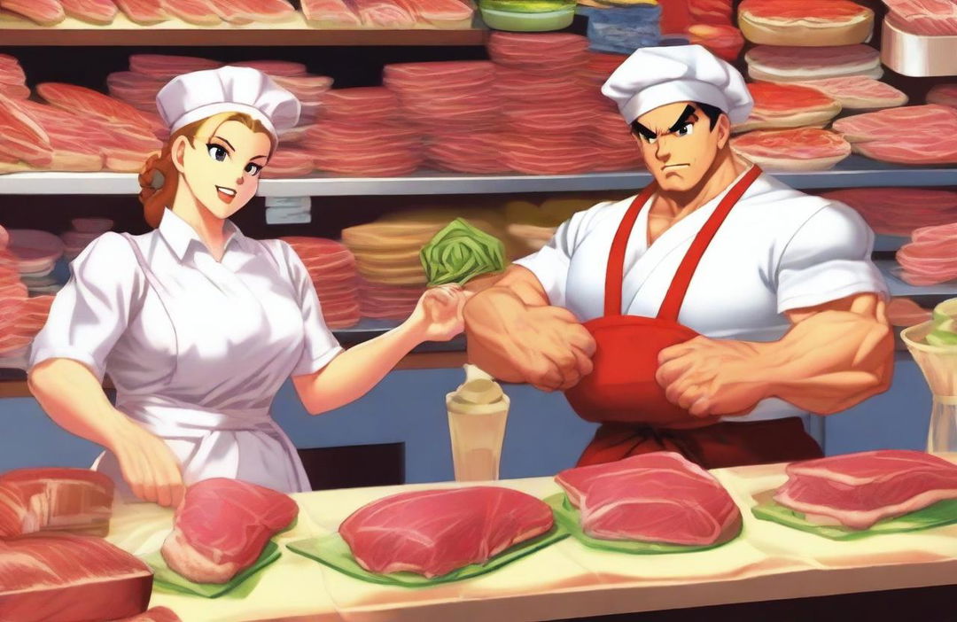 Street Fighter characters dressed as deli workers, working behind a deli counter