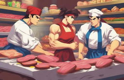 Street Fighter characters dressed as deli workers, working behind a deli counter