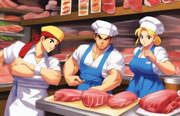 Street Fighter characters dressed as deli workers, working behind a deli counter