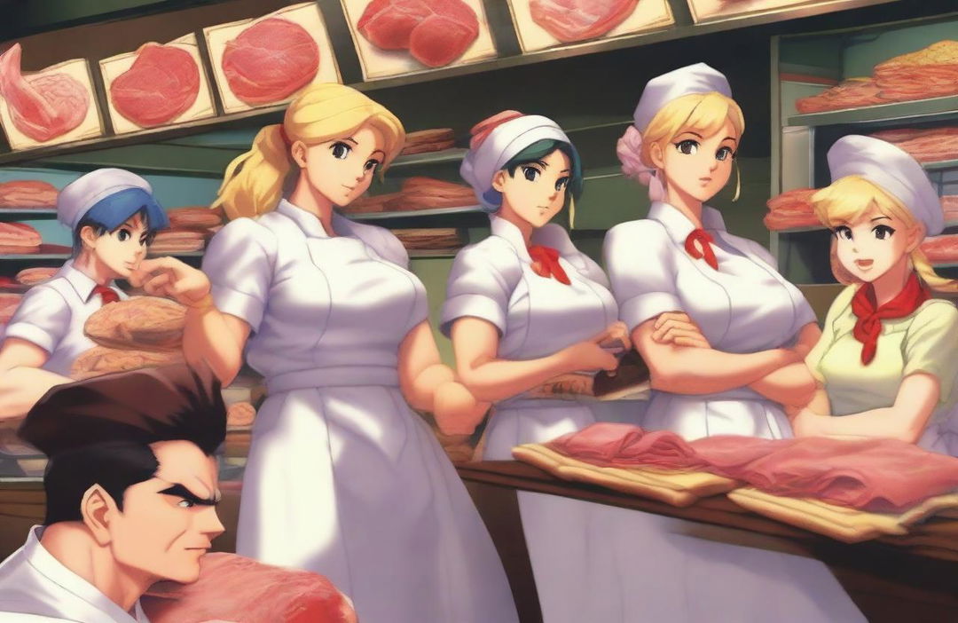 Street Fighter characters dressed as deli workers, working behind a deli counter