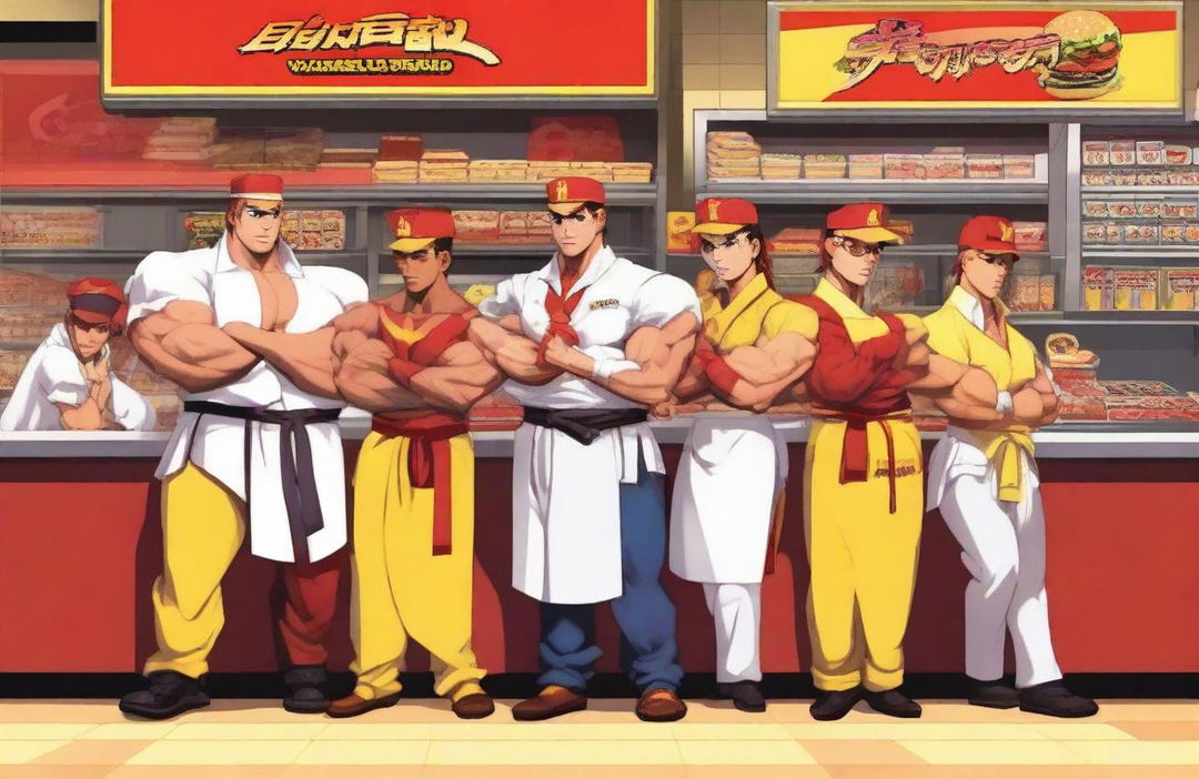 Street Fighter characters dressed as McDonald's staff, working behind the counter and in the kitchen